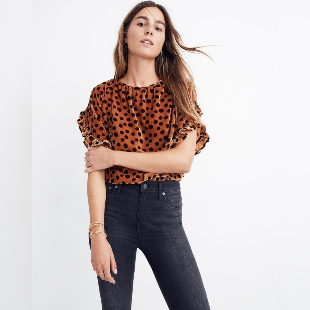 Madewell Velvet Memento Ruffle-Sleeve Top in Leopard Dot, Size XS